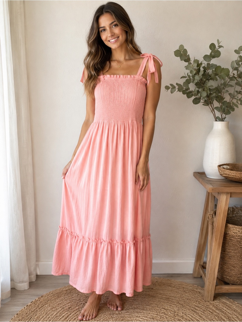 Tie-Shoulder Smocked Cotton Ruffle Textured Maxi Dress Pink